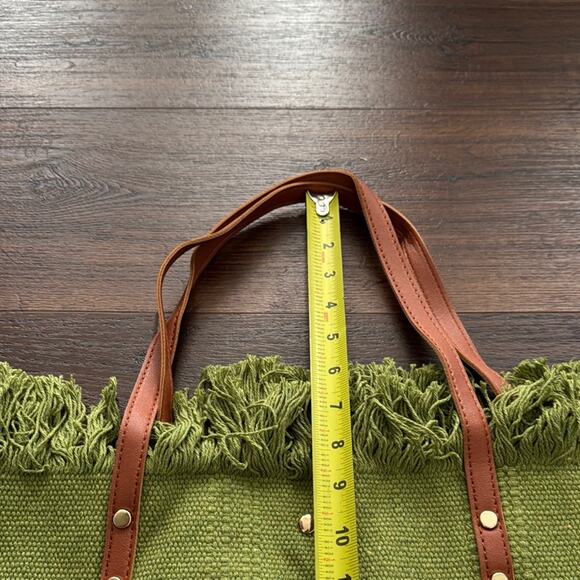 Green Fringed Tote Bag with Brown Handles - Picture 4 of 6